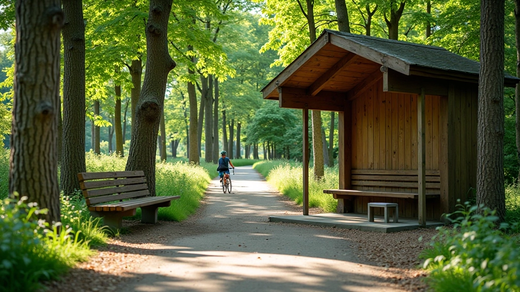Comfortable rest stop shelter at a heritage forest station with benches and facilities along the cycling trail
