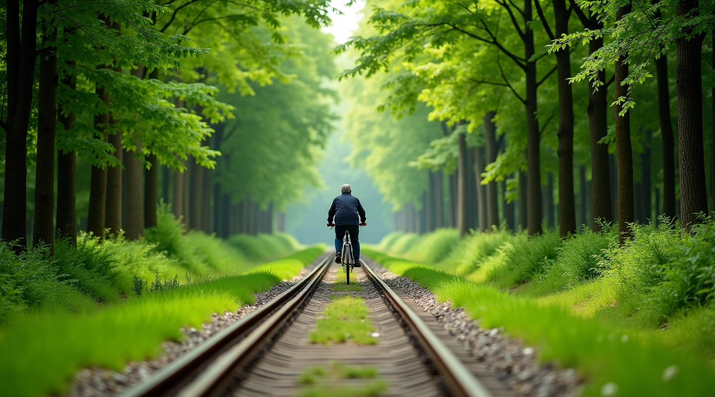 Cycling path along heritage railway corridor through green forest landscape with trees lining both sides