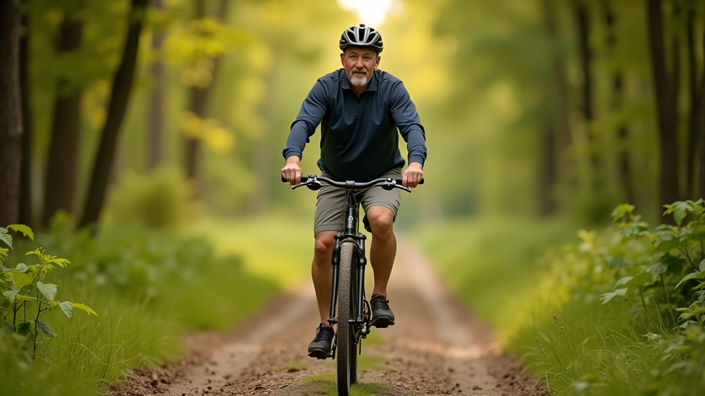 Cyclist riding on forest trail, wearing casual cycling clothes, bright sunny conditions with dappled light through trees