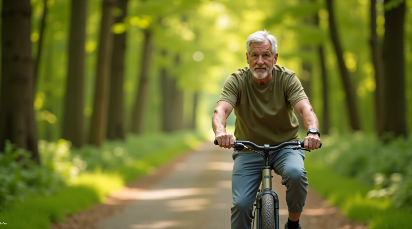 Cyclist riding on a scenic forest path alongside old railway tracks with trees on both sides