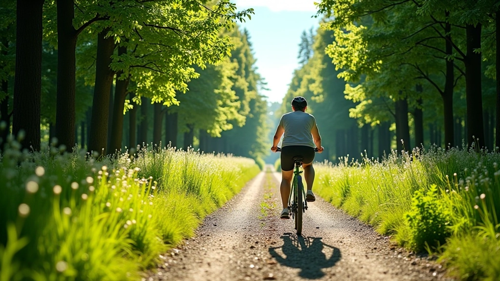 Summer cycling on well-maintained heritage railway trail with clear blue sky and sun filtering through forest canopy