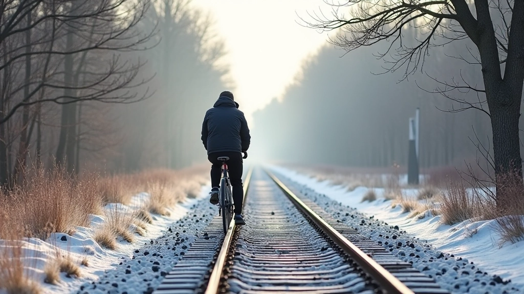 Winter cycling on heritage railway trail with frost-covered vegetation, clear gravel surface, and bare tree branches creating geometric patterns overhead