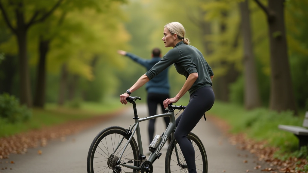 Woman cyclist stretching her legs beside bicycle at rest stop, reaching toward her toes, peaceful forest setting
